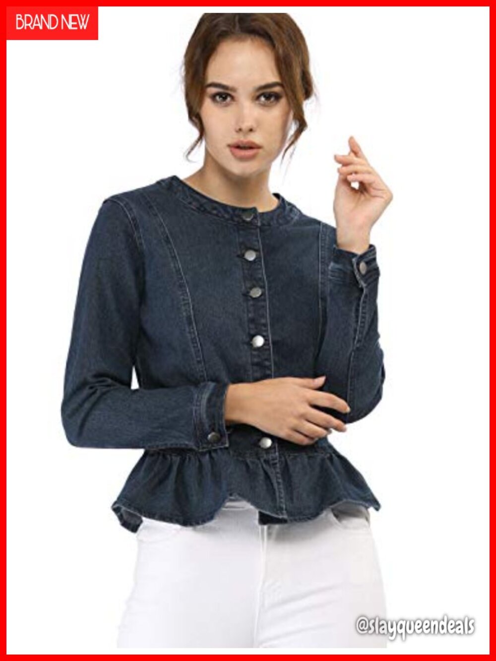 Peplum Denim Jacket Collarless Ruffle Hem Puff Sleeve Women's